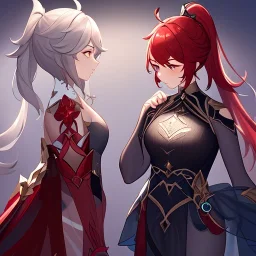 High quality, Detailed, 1girls, looking at eachother very angrily, wearing a genshin inspired outfit, the outfit has some holes, the outfit also has a very see through fabric, grey hair with on ponytail, red hair