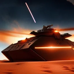 volumetric dramatic desert Battle scene with futuristic hovering military armored Hovercraft tank painted by chris foss,Laser turret, floating, hover, 4k, 8k, [hovercraft] Minutiae, highly detailed, render, rivets, hovering, stripes, sunset duststorm, nimbus clouds