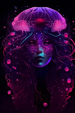 girl, jellyfish, mask neon crystal out her mind beautiful colorfully flowers and star pattern on fur front facing dark smooth colors high contrast background darkred tones,
