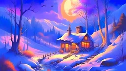 feu de bois,une fée, maison sous la neige,ruisseau , ciel bleu, soleil mauve