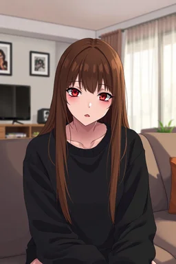 A portrait shot of a paranoid looking woman with long brown hair, red eyes, and pale skin; wearing a long-sleeved black sweatshirt; sitting on a couch; modern living room setting during the day; semi-realistic anime style, pay attention to details