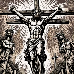 crucified on the cross christ liberty hybrid tone, woodcut, engraved, wall street journal style, statue of cruicified Jesus of Liberty with a beard and wearing a cross and hanging from a cross, The statue male, hyperdetailed intricately detailed photoillustration ink drawing dystopian 8k resolution entire body of the statue is in the picture. digital illustration telephoto lens photography , same colors as the us treasury's one dollar bill, crucified"