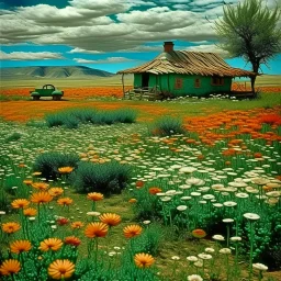 A green meadow with flowers near a house designed in Navajo baskets painted by Salvador Dali