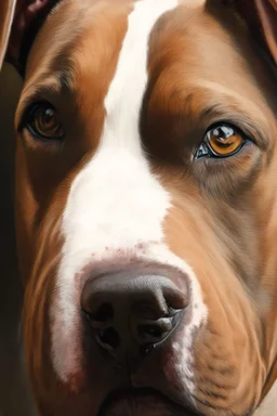 up close realistic oil painting of a pitbull dog, brown in colour with small white line between eyes,in impasto style, thick strokes of oil paint