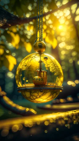 yellow submarine inside a boat crystal ball hanging from a tree in the mountain , shot on Hasselblad h6d-400c, zeiss prime lens, bokeh like f/0.8, tilt-shift lens 8k, high detail, smooth render, down-light, unreal engine, prize winning