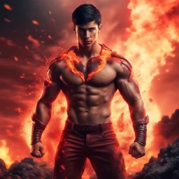 Hyper Realistic Extremely Handsome Young Muscular Fire-Super-Hero with short-black-hair standing with Lava-splashes meteors with red cloudy sky & smoke around, dramatic & cinematic ambiance