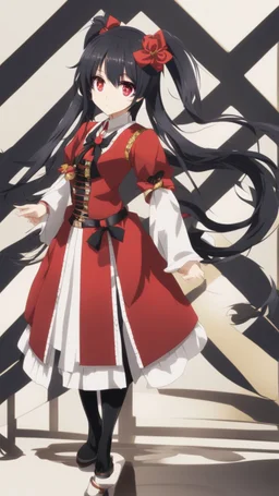 Tokisaki Kurumi appears to be elegant and has very polite manners, ivory skin and long, evil smile, crazy smile, black hair usually tied in long twin tails, deferent Eyes colors, right eye is red-tinted color, left eye appears as a golden color, inorganic clock face, a girl with astonishing beauty, wearing her astral black and red dress 'Elohim', left golden eye, intricate details, highly detailed, ASIAN STYLE