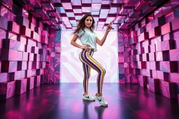 beautiful lady with todays modern clothing and sport shoes, in surreal stage made of fractal random size objects with helical strip colors in clothing similar to environment full body dancing to camera,animating background metallic random color cubes
