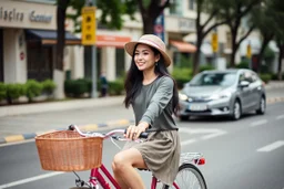 girl driving a pretty bicycle in street tress ai sides