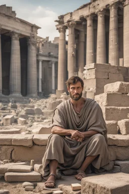 A Roman citizen of the third century, a 30-35-year-old man with kind eyes and a slight smile in poor clothes with a cross around his neck, sits on stones and writes on a papyrus scroll. He is sitting against the background of the ruins of Rome, against the background of the temple of Athena. High-quality 8K image in watercolor technique