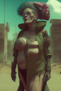 cyberpunk saggy granny woman, abandoned sci-fi town, future, sci-fi