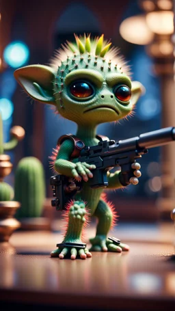 sad cactus alien gremlin holding cactus gun in high end palace,bokeh like f/0.8, tilt-shift lens 8k, high detail, smooth render, down-light, unreal engine, prize winning