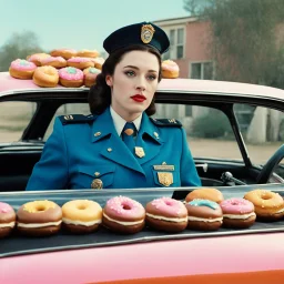 [psychedelic movie by Wes Anderson] Kat Dennings as a policewoman in a car with donuts, vintage 1970's photo