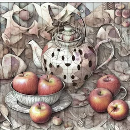 Watercolour and ink patchwork in the style of Jamie Heiden, Walter Crane, Yayoi Kusama, Ivan Shiskin, John Atkinson Grimshaw: zentangle cute whimsical watercolor Still life with apples on a porcelain plate and a teapot crisp quality, ultra detailed, elegant, fantastical, surreal, watercolor and pen, beautiful high definition fine 3D line art, white and grey and red dreamy colours, extremely detailed, intricate, elaborate, HDR, award winning, expressionism, fantastic view, ethereal, fantasy, unsi
