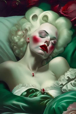 sleeping beauty style portrait of Marylin Monroe in a deep sleep in her royal deathbed waiting for a kiss to awake her lying on her back, grasping a rose on her breast, wearing a green puff sleeve off shoulder corset embrioided with ruby and trimmed with white sheer