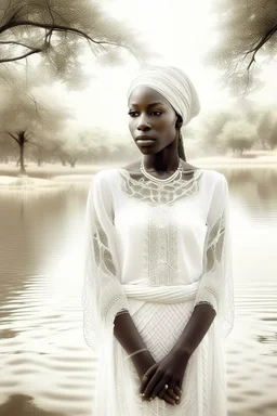 All white textured an African woman wearing a white African cloths white trees in the background also a white lake