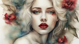 old canvas with worn torn folded edges and holes, cracks, heavily grained, broken lens effect, Iris wreath portrait Blonde woman, red lips, back tattoo, Alcohol ink, Hyperdetail, Anna Razumovskaya, Anna Dittmann, Luis Royo