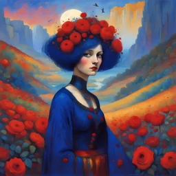 Art by Alice Rahon, Richard Burlet, Odilon Redon, Raymond Swanland, Andrey Remnev, Conrad Roset; Rebellious ravishing girl Rachel, regal in royal blue and ribuli, roaming through the radiant realm of the rainbow river valley with her ruby colored hair, meets a rare raven in a rolling hills of resplendent roses and rustling reeds, under a riotous reflective hues sky.