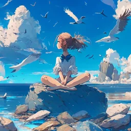 A girl is sitting on the edge of the rocks by the seashore and is meditating. The sky is blue with beautiful clouds and seagulls flying, digital art, anime, 4k, full details