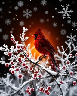 Create the silhouette of a cardinal in containing Double Exposure, a frosted berry woodland at sunrise; delicate branches form feather patterns, soft crimson highlights against snow-white textures, refined Christmas elegance. Background is black with many large snowflakes.