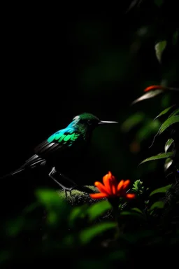 Bird, black background, single flower, forest, deep depth of field,. vivid, light and shadow.