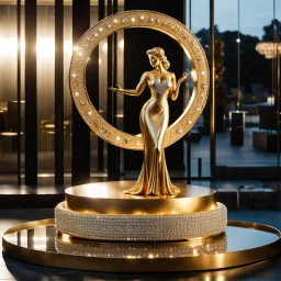 A magnificent golden and silver heart-shaped sign adorned with a stunning golden sphere encrusted with sparkling diamond clusters at its center, elegantly spinning in position,a girl statue standing pose