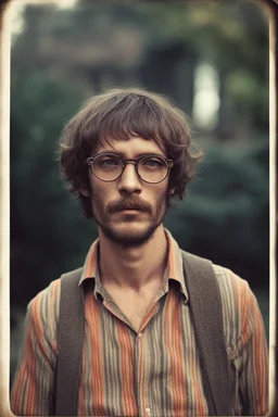 bohemian young ugly man with Parisian bohemian look and glasses of colours and poor and short short short and poor hair on the head with receding hairline. Farsightedness glasses with big eyes. Shirt beard in the head. Vintage look and feel like photo style-of the 70s