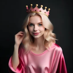 A beautiful woman with beautiful blond hair, wearing a modest velvet pajama, her hands are pink, and a crown is on her head.