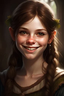A smiling, teen, elf, female, with brown hair, freckles and blue eyes
