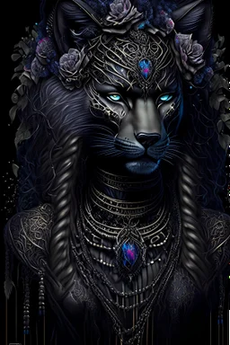 Beautiful lady decadent techno shamanism Mountain lion portrait, wearing decadent goth feathered shamanism headress with goth florals, adorned with goth lace chain effect ed decadent costume organic bio spinal ribbed detail of shamanism background extremely detailed hyperrealistic maximálist concept art