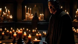 In this crucial chapter, we see John Harrison discover the bitter truth that he must break the curse to save himself and the abandoned city. The image shows John standing in a room filled with ancient symbols and lit candles, as he faces a challenge that can only be overcome with courage and inner strength. The tiny candles reflect on John's face, as he discovers the bitter truth about his fate and the fate of the city. His eyes creep into the darkness searching for signs and clues on how to br