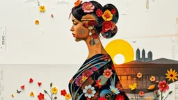 stylish abstract mondrian style feat double exposure.3d silhoutte of greek woman wearable handycraft in aesthetic design, colorful, masterpiece, inspired by wlad safronov art style at shape with vibrant borneo sunset pattern ornate and collage of intricate fantasy art blend modern art, Surround complex cute borneo decoratif pieces with blend of organic flowers petals,various abstract shape against newspaper clippings, paper layers,colorful