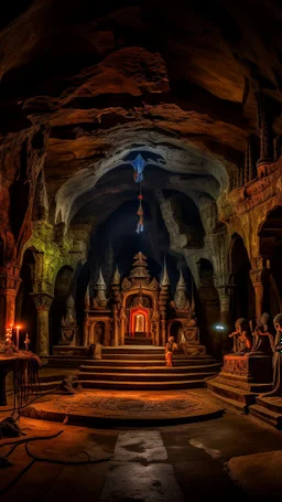 Bosch painting style , An amazing temple with a great religious status all around in un underground cave with dim lights