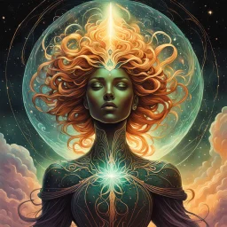 create a full body haunted celestial female entity, enshrouded in a gaseous cluster of stars, with highly detailed, sharply lined facial features, , finely drawn, boldly inked, in soft celestial colors, otherworldly, ethereal, and majestic in the style of Peter Mohrbacher