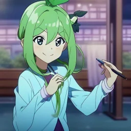 Clear focus, High resolution, a anime kid, cute, cartoony style, smiling, anime screencap, hair between eyes, holding a pencil, small forhead, female, medium length hair, long locks, lots of bangs