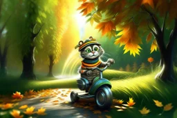 Cute little happy cat scarecrow riding a trike, forest path background, autumn, leaves swirling, waterfall, reflection, mist, sunrise, smooth intricate photorealistic hyperrealistic high definition beautiful lighting pencil sketch watercolor dramatic lighting storybook illustration polished Deep shadows deep color warm light