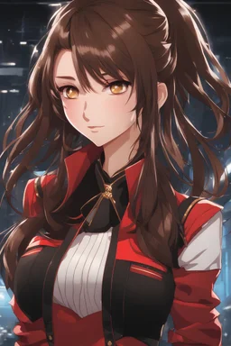 (masterpiece), (anime style), award winning, centered, looking toward camera, long brown hair, confident young woman, red eyes, modern setting, dynamic lighting, dynamic composition, ultra detailed, (epic composition, epic proportion), professional work, wearing casual black and red clothes