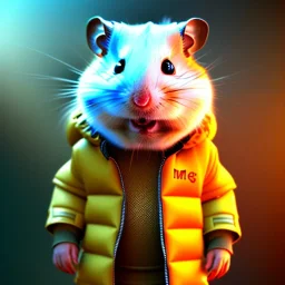 Hamster toddler, steampunk headphone, sunglass, gangsta neckless, full body, yellow puffer jacket, tokio background, dramatic lighting, hyper realistic, unreal engine 5, 16k