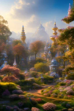 landscape, city of the elves, rose, gold, blue sky, crystal domes, glistening oiled shiny, intricate, Exquisite details and textures, highly detailed, digital painting, artstation, concept art, sharp focus, nature background, illustration, 8k, by stability ai, nvidia