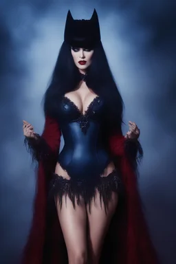 full body portrait - Elvira, Mistress of the dark - 32k, UHD, 1080p, 8 x 10, glossy professional quality digital photograph - dark blue and dark red, and light maroon and purple and foggy black gradated background, historic, powerful, octane rendering, exquisite detail, 30 - megapixel, 4k, 85 - mm - lens, sharp - focus, intricately - detailed, long exposure time, f8, ISO 100, shutter - speed 1125, diffuse - back - lighting, ((skin details, high detailed skin texture)), (((perfect face))),