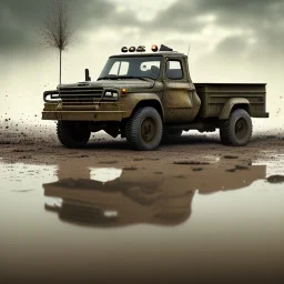 hyperrealistic shot, muddy military toy truck, monotone color palette, sharp focus, puddle reflection, tire water splash, refraction, mist on the horizon, shadowcast, detailed and intricate, cinematic composition, micro, tilt shift photography