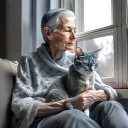 create a sleeping grey haired middle aged woman with chin length hair, sitting on a chair, in front of a window, holding her beloved gray and white tabby Oriental shorthair cat, also sleeping, in her arms. Serene peaceful calm. the snow falling outside