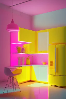 Kitchen, yellow walls, transparent glass furniture, modern, LED pink lighting, modern art, cool vibes, yellow fridge
