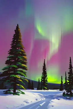 snow, sky full stars, pine trees, Northern Lights, simple paint landscape background