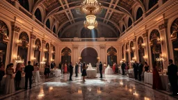 a modern luxury victorian big hall with this tema with a night party with people and pretty ladys