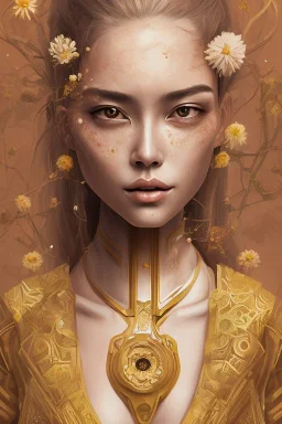 portrait, asian lady sitting on the throne, triangular face, thin lips, brown eyes, freckles, blond, dangerous, details, texture, flowers, Minimalism, Romanticism, Expressionism, Impressionism