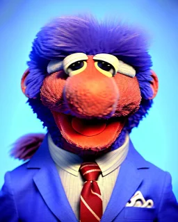 Waist up Portrait, joe Biden as muppet Sesame Street, Blue suit retro style, photo studio, city background, unreal engine 5, concept art, art station, god lights, ray tracing, RTX, lumen lighting, ultra detail, volumetric lighting, 3d.