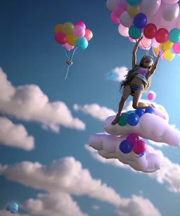 Ultra realistic speed clouds sky scene, wide angle view, sweet childs falling down, inflatable color clothing, free jumping flying, many trinkets, hair monster, many jelly beans, balls, color smoke, smile, happy, circus style, extreme, wind, clouds sea, 20,000 feet altitude, stratosphere, soft color, highly detailed, unreal engine 5, ray tracing, RTX, lumen lighting, ultra detail, volumetric lighting, 3d, finely drawn, high definition, high resolution.