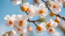 Macro branches of blossoming apricot in soft focus on soft blue sky background.