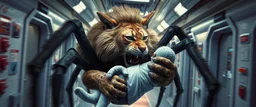 gritty air brush 3d with pen outline, vampire space loab spider lion cat holding a human in its grip, pin hole cam in doll house space ship hospital corridor, in the style of HR GIGER, ESCHER, motion blur background